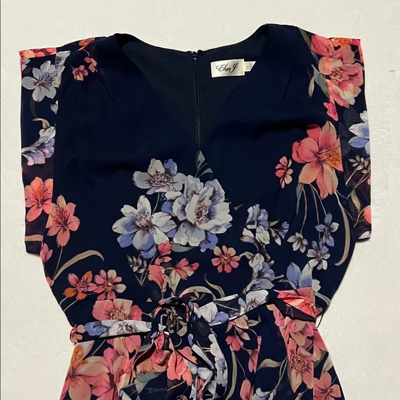 Eliza J Navy Floral Wrap High Low Maxi Dress Romantic Wedding Guest Flowy garden - Picture 7 of 10